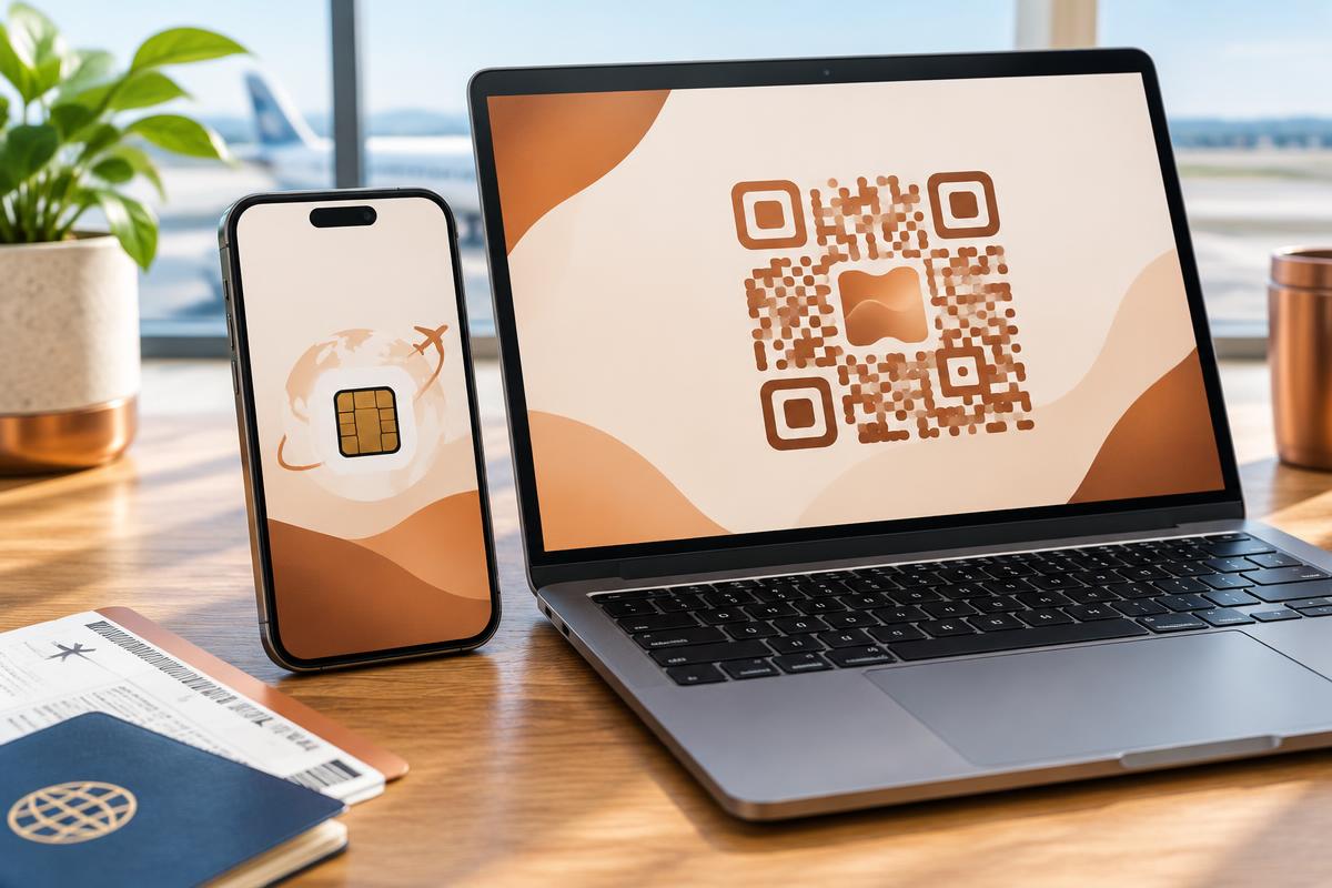 Skanowanie kodu QR eSIM na telefonie przed lotem do Afryki