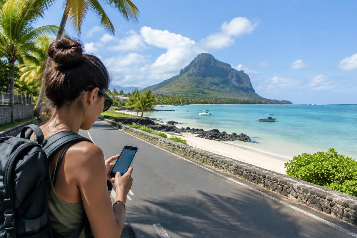 Traveler checking a phone beside a coastal road and beach in Mauritius