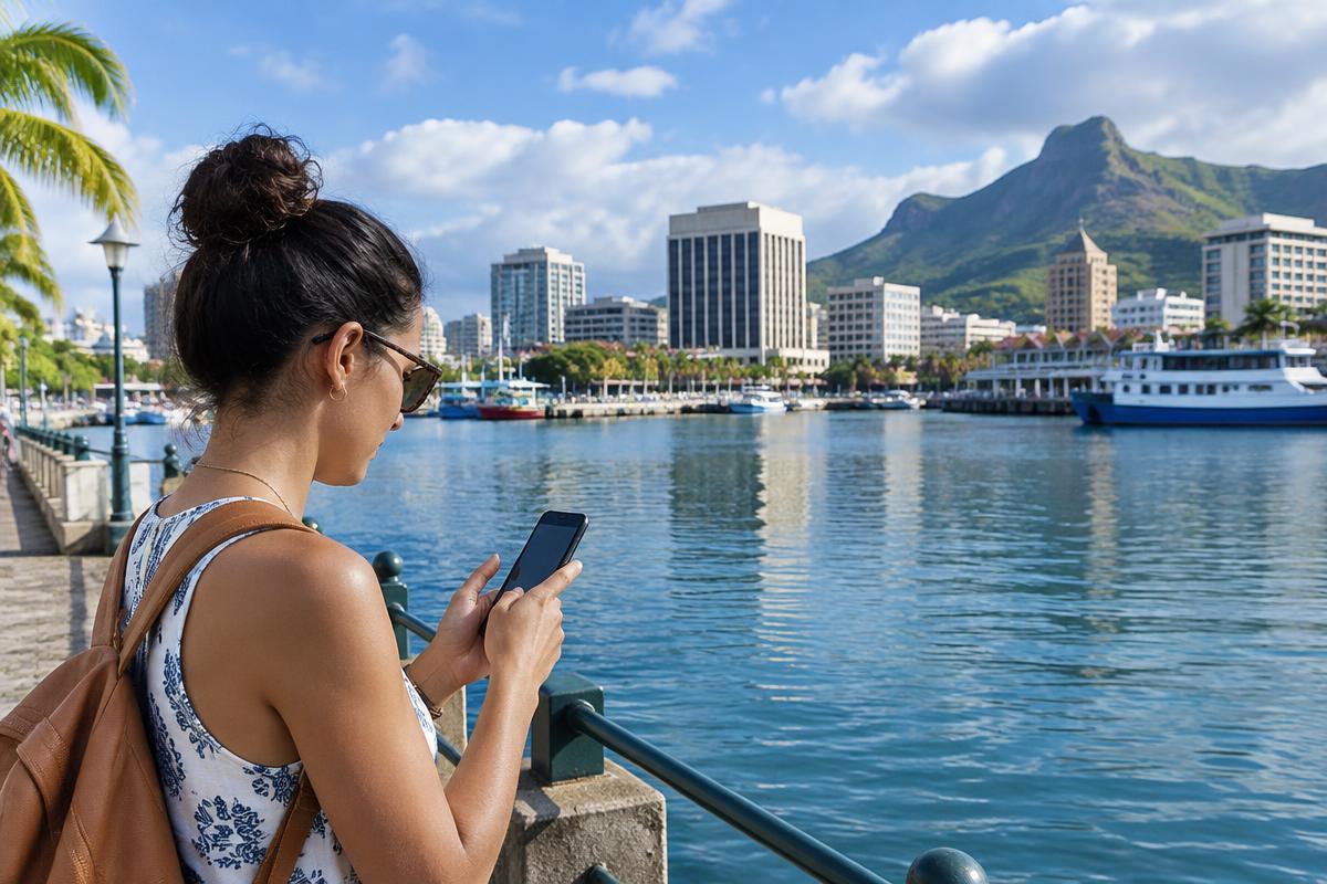 Reisende prüft auf ihrem Smartphone den eSIM-Tarif für Mauritius